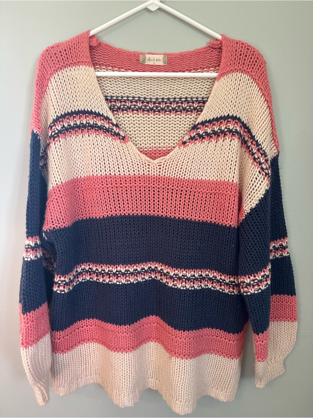 Altar'd State Pink, Cream & Navy Striped V-Neck Sweater